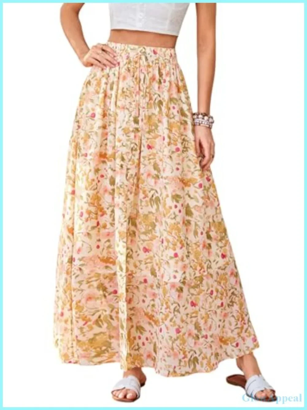 Maxi Skirt Chiffon Floral High Waisted Slit Flowy with Pockets Sunny Summer